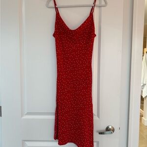 Red Floral Slip Midi Dress with Spaghetti Straps
